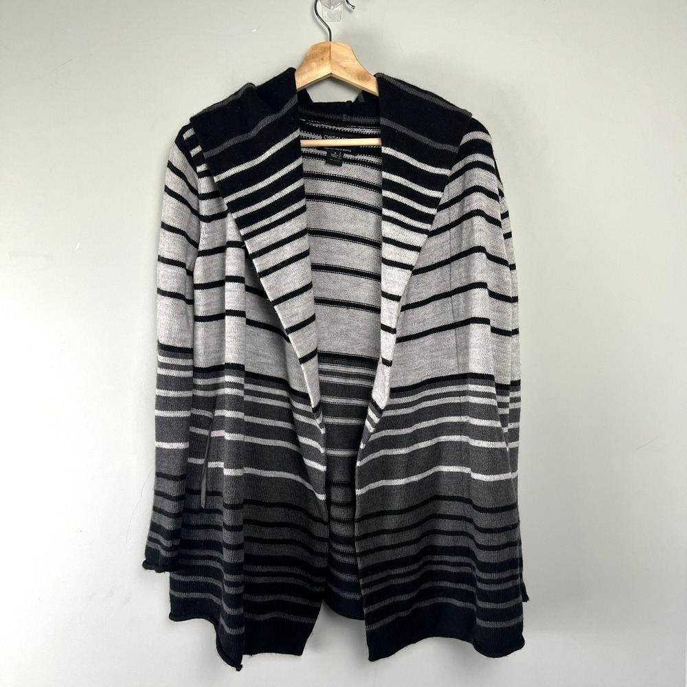 Cynthia Rowley Merino Wool Blend Striped Hooded Open Front Cardigan Grey Black S